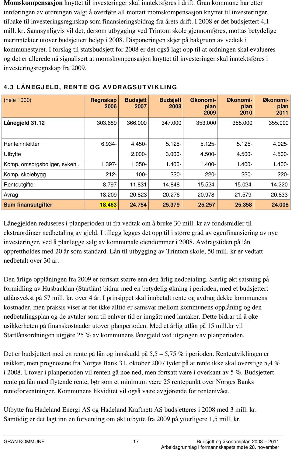 I 2008 er det budsjettert 4,1 mill. kr. Sannsynligvis vil det, dersom utbygging ved Trintom skole gjennomføres, mottas betydelige merinntekter utover budsjettert beløp i 2008.