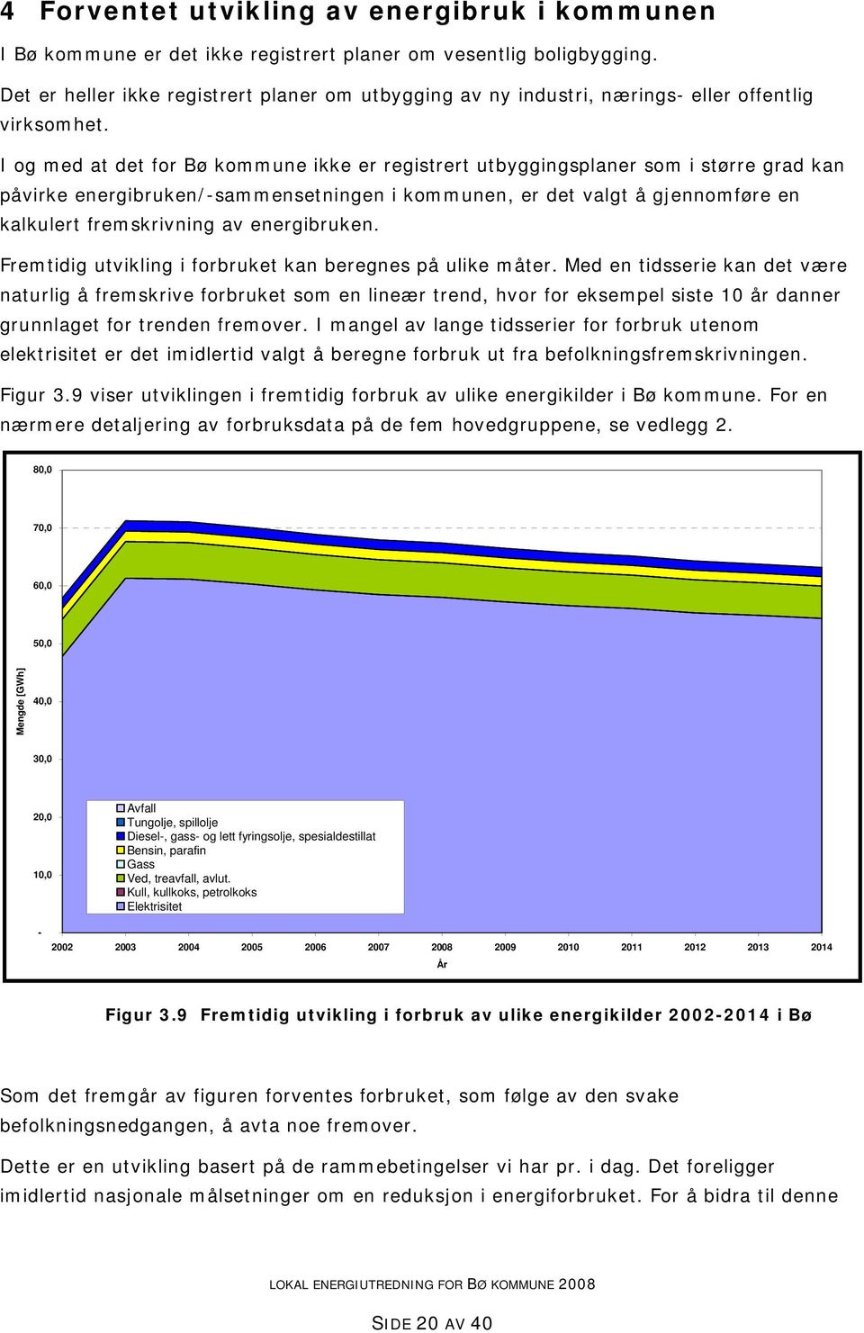 I og med at det for Bø kommune ikke er registrert utbyggingsplaner som i større grad kan påvirke energibruken/-sammensetningen i kommunen, er det valgt å gjennomføre en kalkulert fremskrivning av