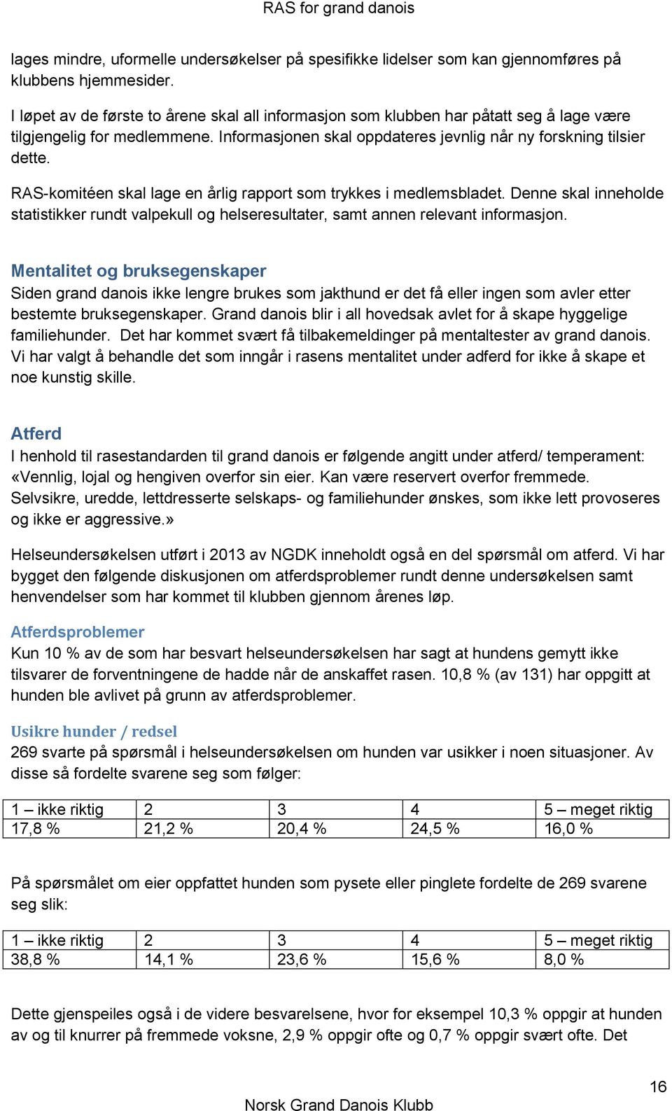 RAS-komitéen skal lage en årlig rapport som trykkes i medlemsbladet. Denne skal inneholde statistikker rundt valpekull og helseresultater, samt annen relevant informasjon.