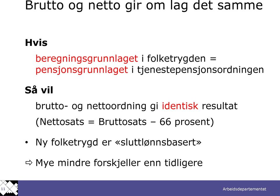 brutto- og nettoordning gi identisk resultat (Nettosats = Bruttosats 66