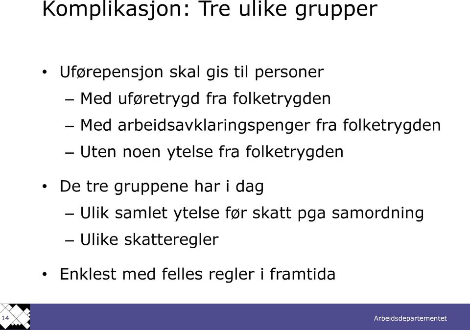 Uten noen ytelse fra folketrygden De tre gruppene har i dag Ulik samlet