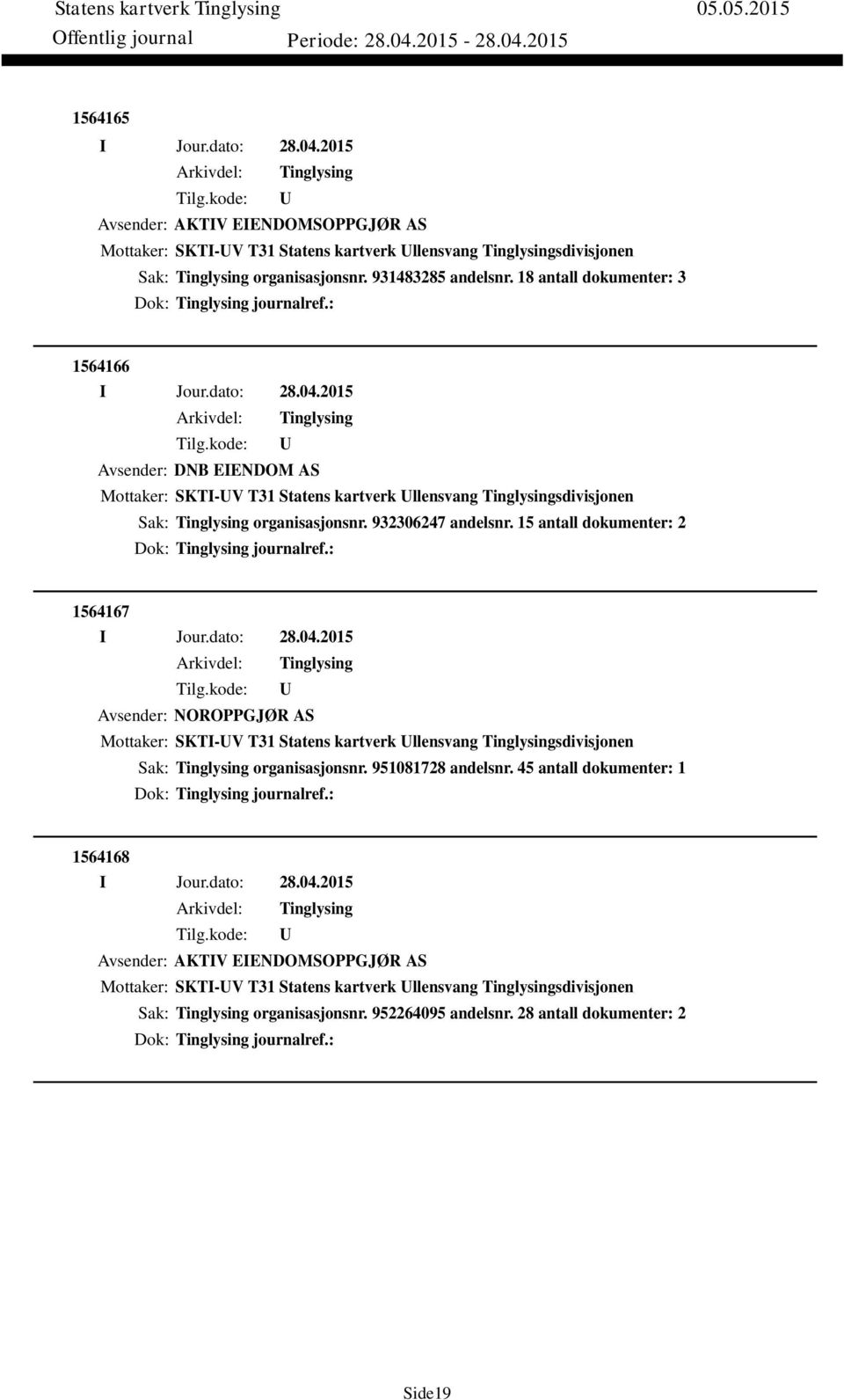 15 antall dokumenter: 2 Dok: journalref.: 1564167 Avsender: NOROPPGJØR AS Mottaker: SKTI-V T31 Statens kartverk llensvang sdivisjonen Sak: organisasjonsnr. 951081728 andelsnr.