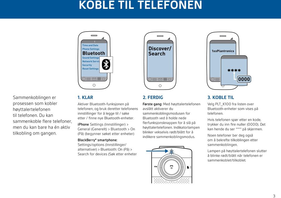 iphone Settings (Innstillinger) > General (Generelt) > Bluetooth > On (På) (begynner søket etter enheter) BlackBerry smartphone: Settings/options (Innstillinger/ alternativer) > Bluetooth: On (På) >