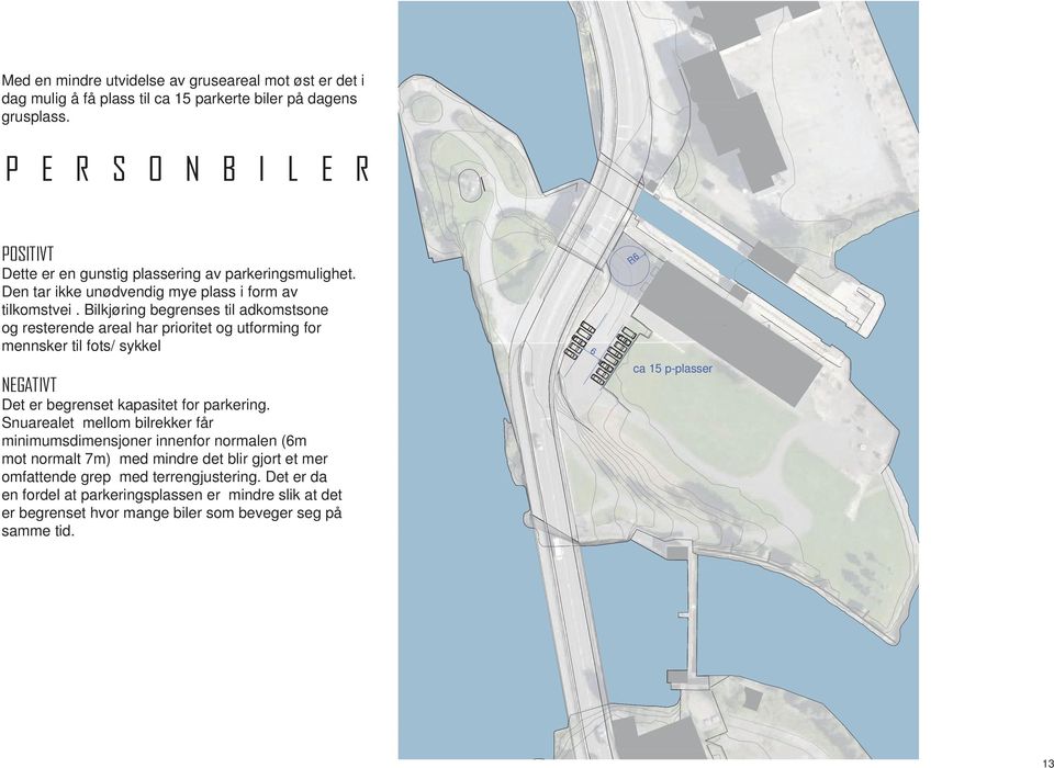 Bilkjøring begrenses til adkomstsone og resterende areal har prioritet og utforming for mennsker til fots/ sykkel NEGATIVT Det er begrenset kapasitet for parkering.