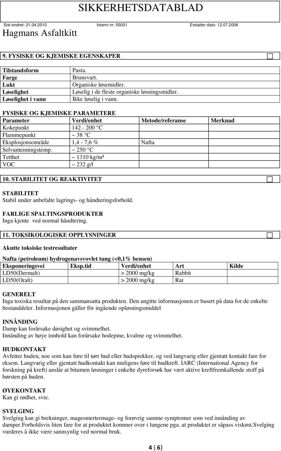 ~ 250 C Tetthet ~ 1310 kg/m³ VOC ~ 232 g/l 10. STABILITET OG REAKTIVITET STABILITET Stabil under anbefalte lagrings- og håndteringsforhold.