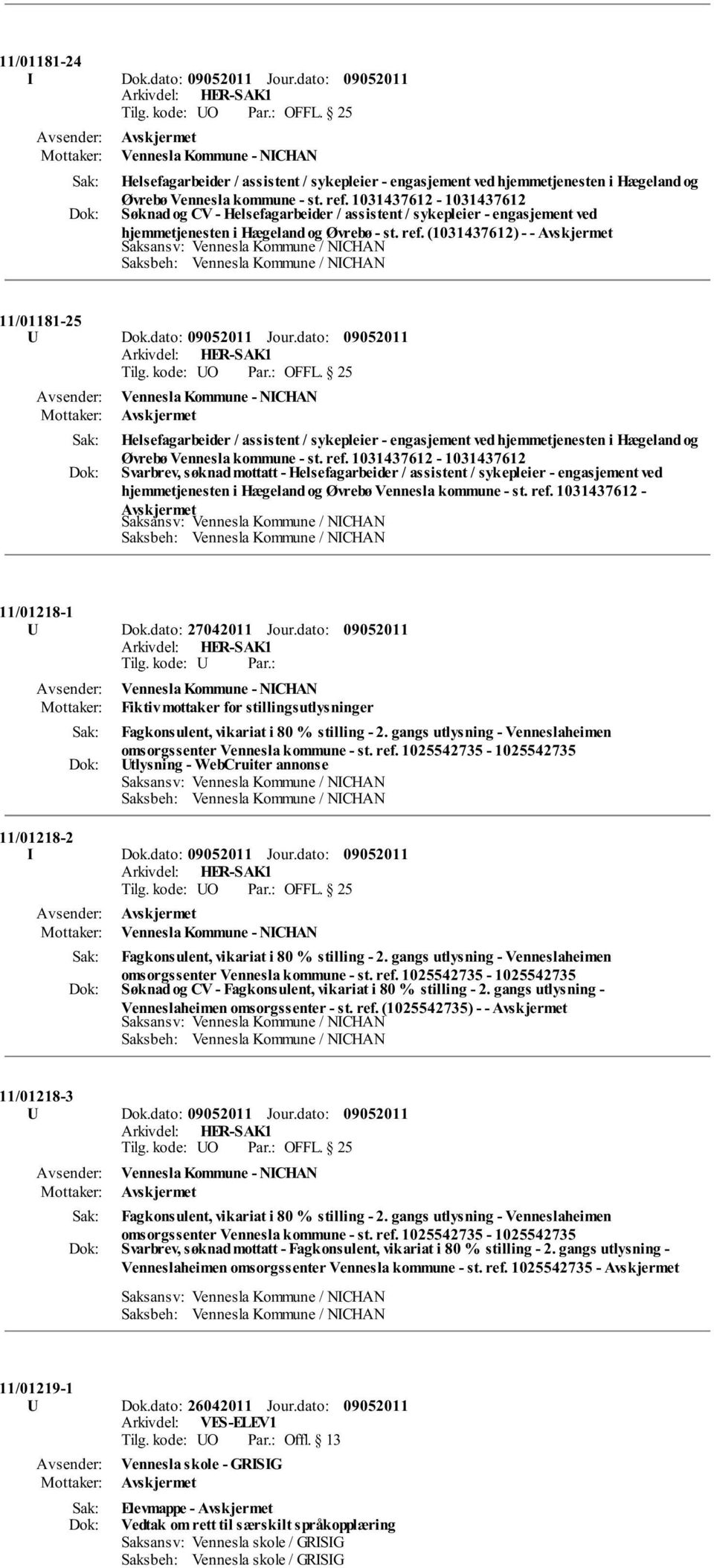 dato: Vennesla Kommune - NICHAN Helsefagarbeider / assistent / sykepleier - engasjement ved hjemmetjenesten i Hægeland og Øvrebø Vennesla kommune - st. ref.