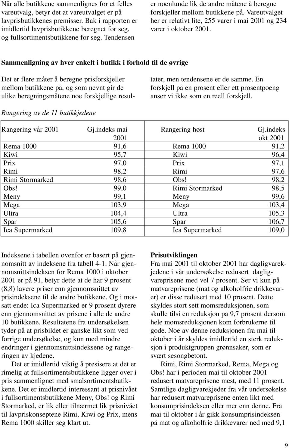 Vareutvalget her er relativt lite, 255 varer i mai 2001 og 234 varer i oktober 2001.