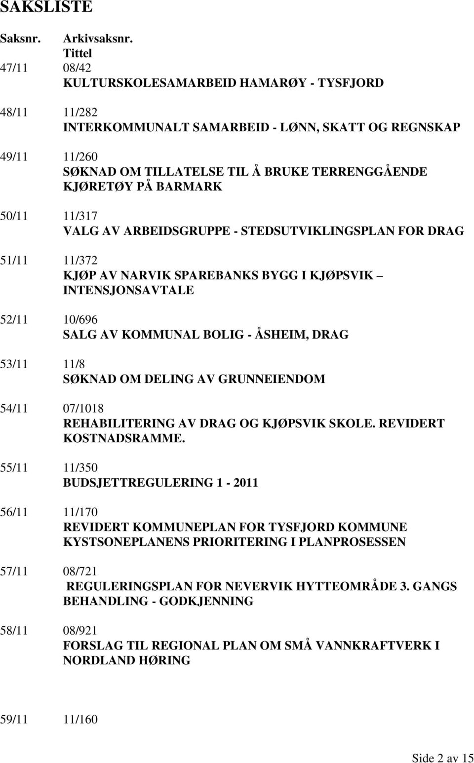 BARMARK 50/11 11/317 VALG AV ARBEIDSGRUPPE - STEDSUTVIKLINGSPLAN FOR DRAG 51/11 11/372 KJØP AV NARVIK SPAREBANKS BYGG I KJØPSVIK INTENSJONSAVTALE 52/11 10/696 SALG AV KOMMUNAL BOLIG - ÅSHEIM, DRAG