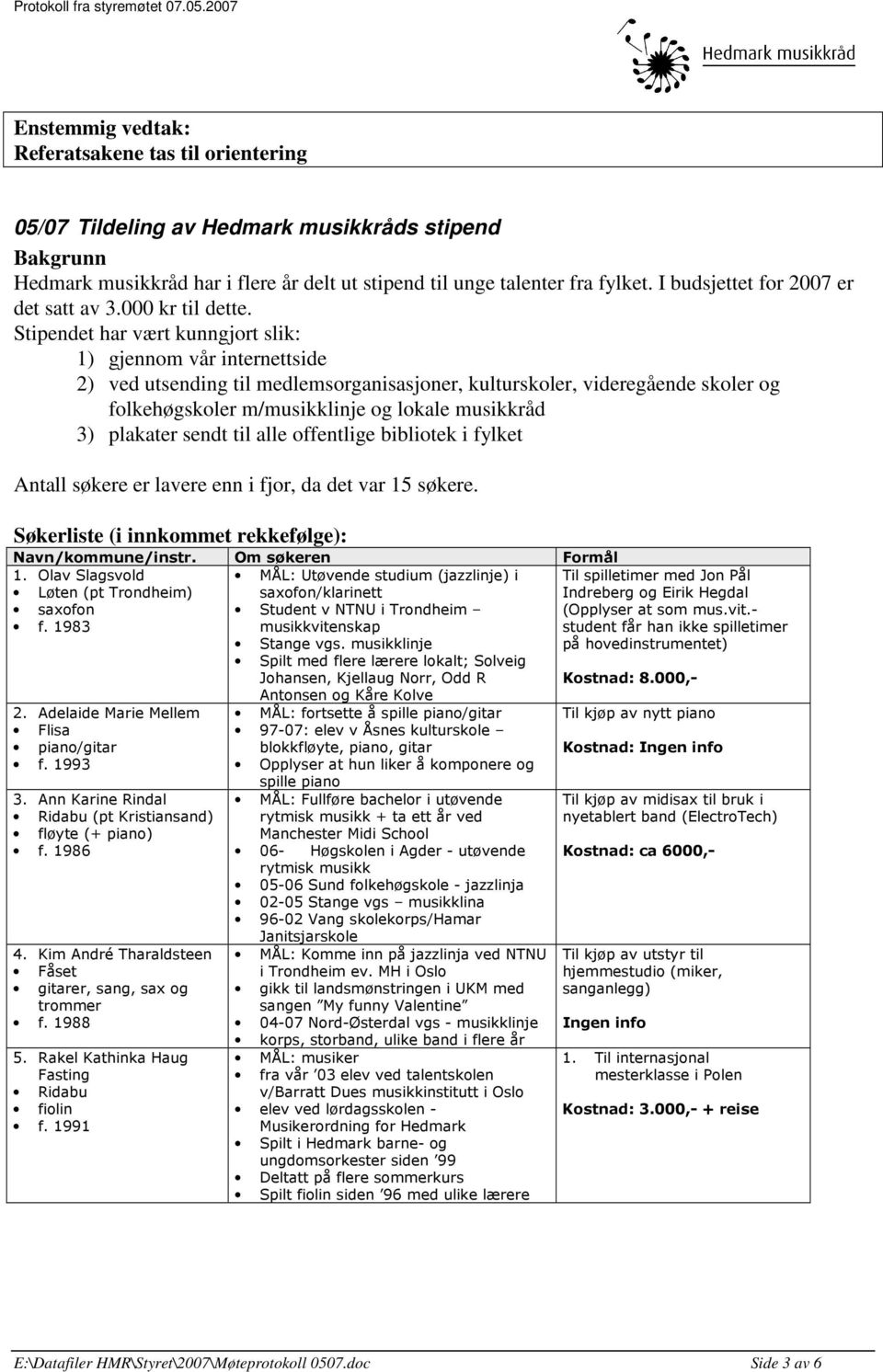 Stipendet har vært kunngjort slik: 1) gjennom vår internettside 2) ved utsending til medlemsorganisasjoner, kulturskoler, videregående skoler og folkehøgskoler m/musikklinje og lokale musikkråd 3)