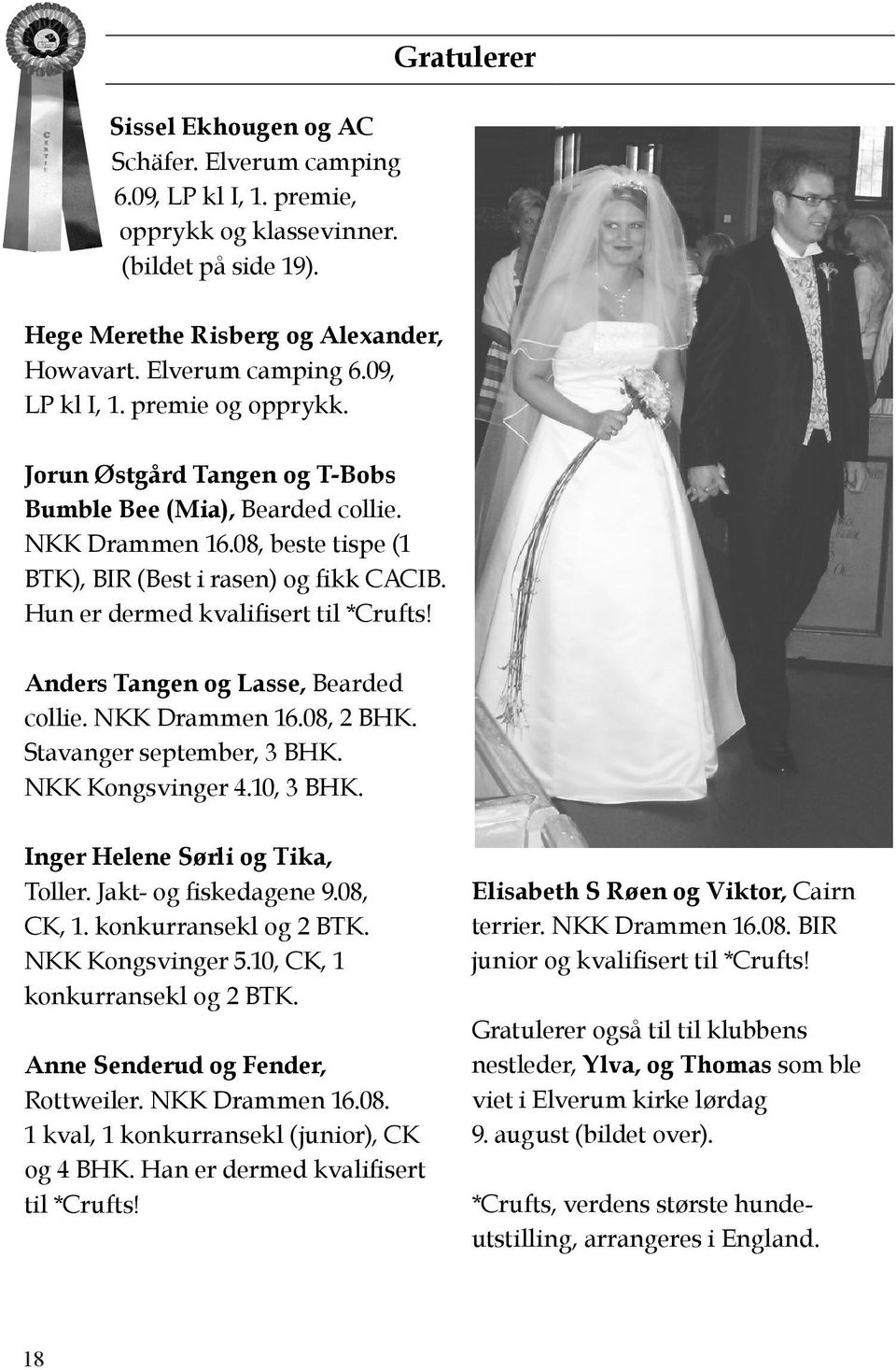 Anders Tangen og Lasse, Bearded collie. NKK Drammen 16.08, 2 BHK. Stavanger september, 3 BHK. NKK Kongsvinger 4.10, 3 BHK. Inger Helene Sørli og Tika, Toller. Jakt- og fiskedagene 9.08, CK, 1.