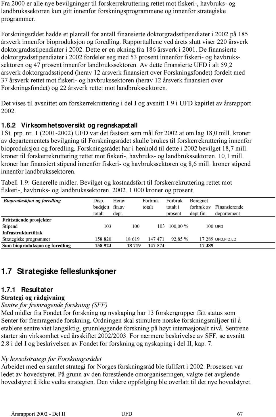 Rapporttallene ved årets slutt viser 220 årsverk doktorgradsstipendiater i 2002. Dette er en økning fra 186 årsverk i 2001.