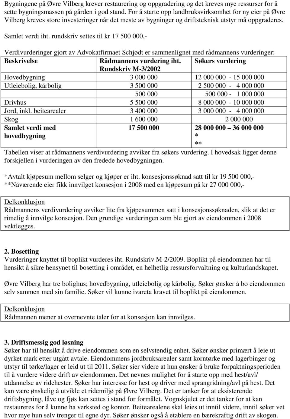 rundskriv settes til kr 17 500 000,- Verdivurderinger gjort av Advokatfirmaet Schjødt er sammenlignet med rådmannens vurderinger: Beskrivelse Rådmannens vurdering iht.