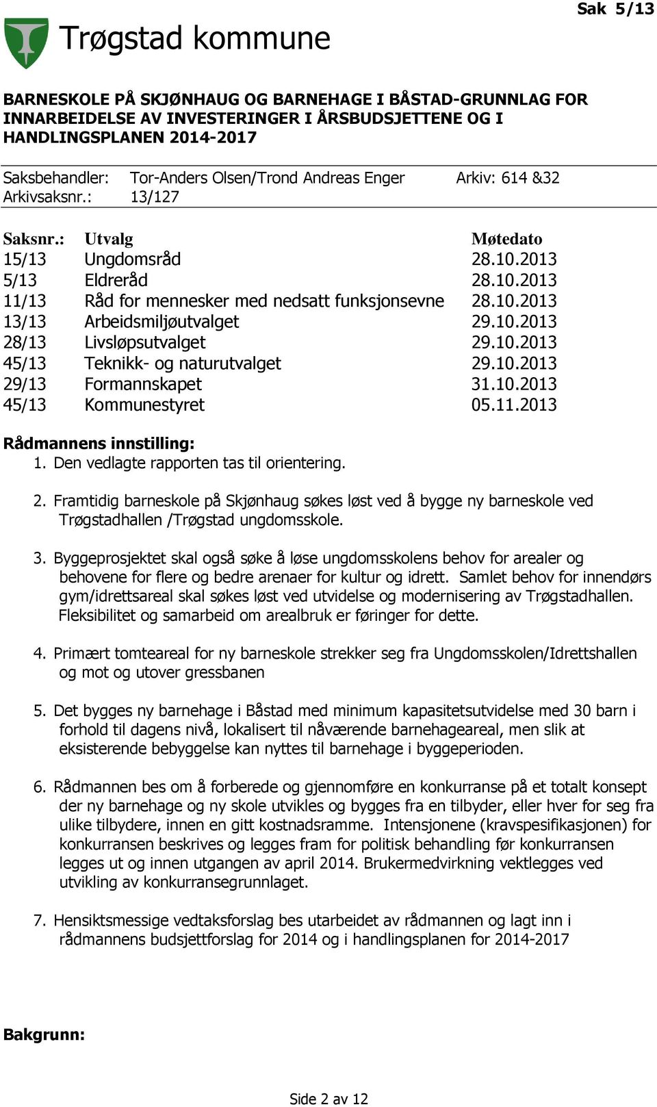 10.2013 28/13 Livsløpsutvalget 29.10.2013 45/13 Teknikk- og naturutvalget 29.10.2013 29/13 Formannskapet 31.10.2013 45/13 Kommunestyret 05.11.2013 Rådmannens innstilling: 1.