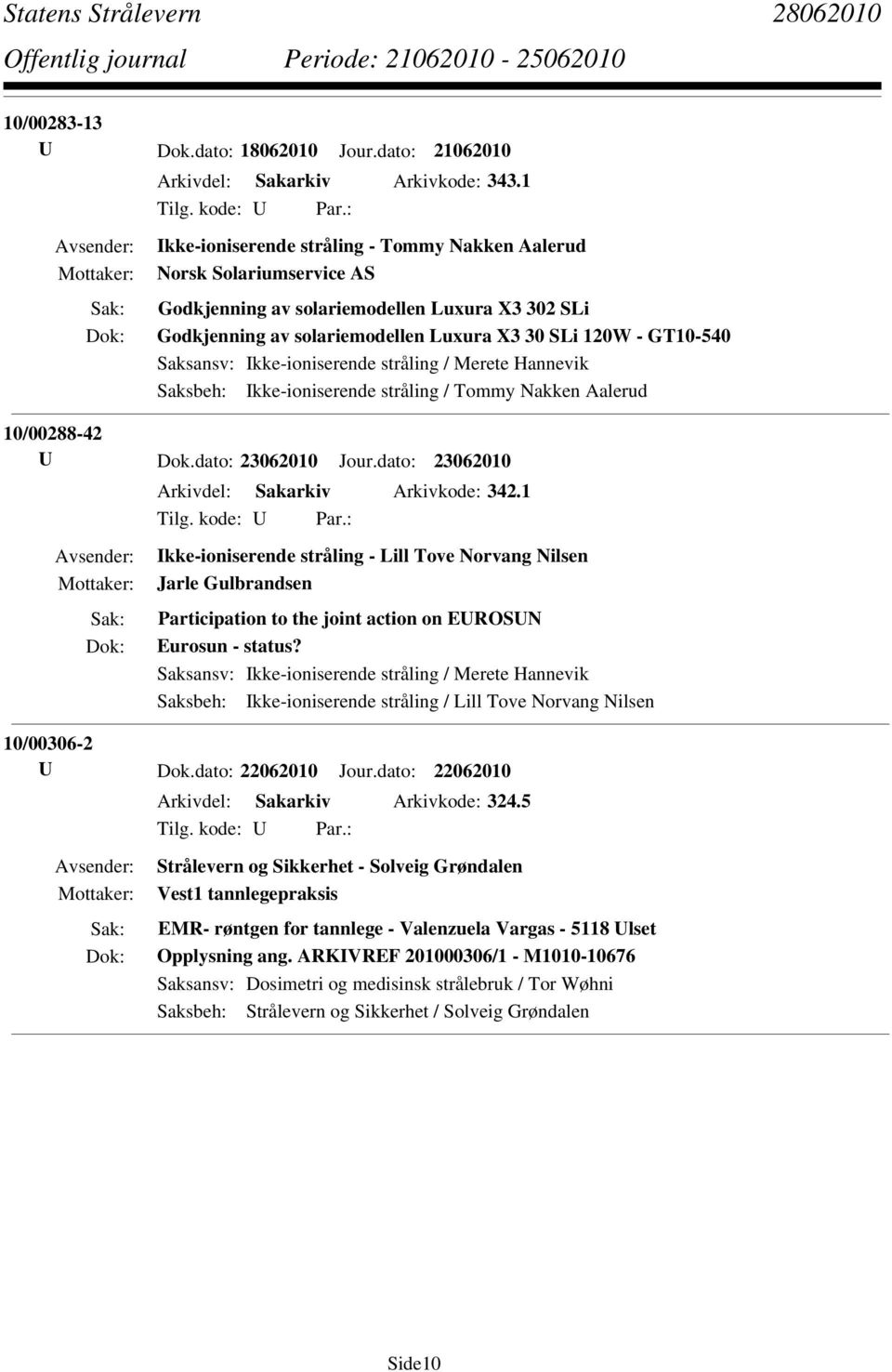 Ikke-ioniserende stråling / Tommy Nakken Aalerud 10/00288-42 U Dok.dato: 23062010 Jour.dato: 23062010 Arkivdel: Sakarkiv Arkivkode: 342.