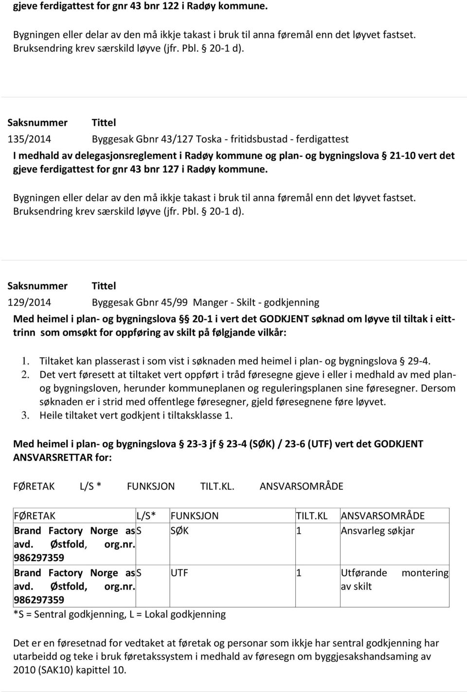 gnr 43 bnr 127 i Radøy kommune. Bygningen eller delar av den må ikkje takast i bruk til anna føremål enn det løyvet fastset. Bruksendring krev særskild løyve (jfr. Pbl. 20-1 d).