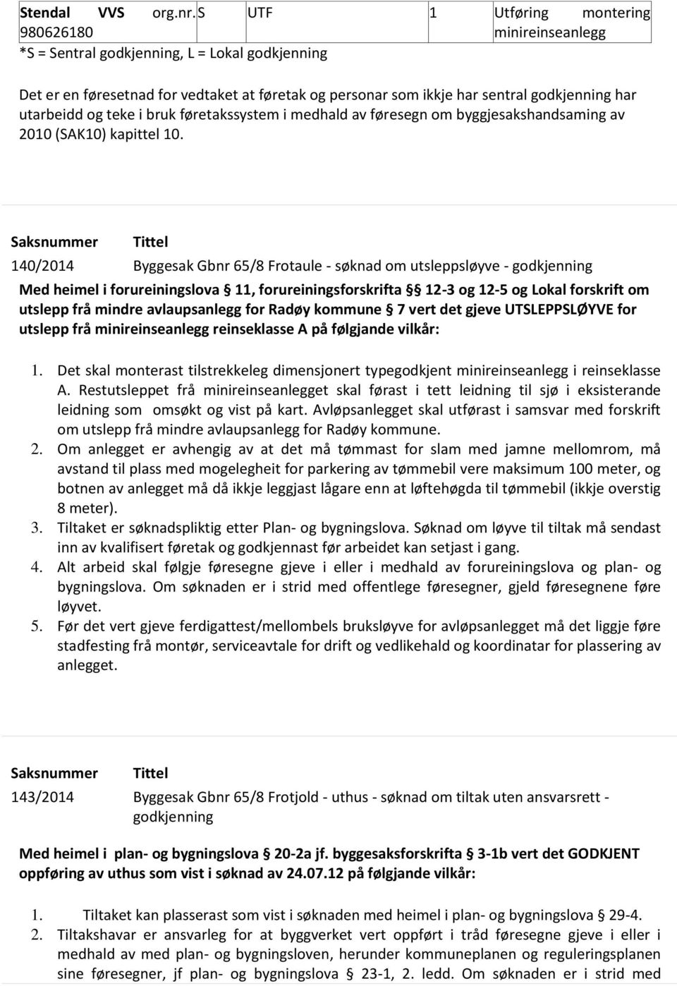 utarbeidd og teke i bruk føretakssystem i medhald av føresegn om byggjesakshandsaming av 2010 (SAK10) kapittel 10.