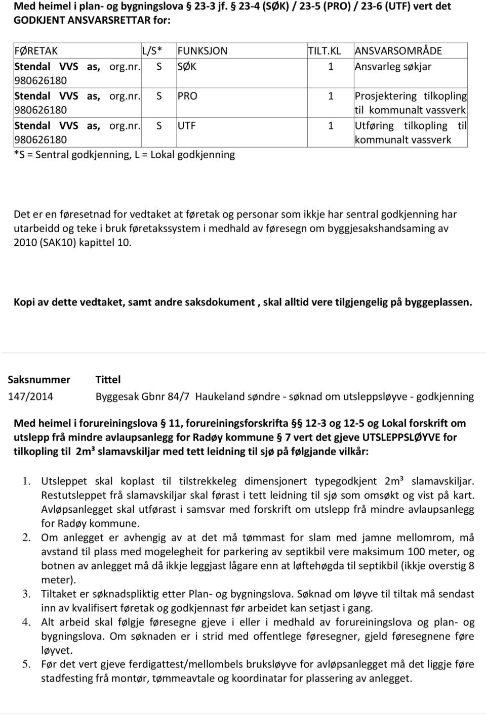 980626180 S PRO 1 Prosjektering tilkopling til kommunalt vassverk Stendal VVS as, org.nr.