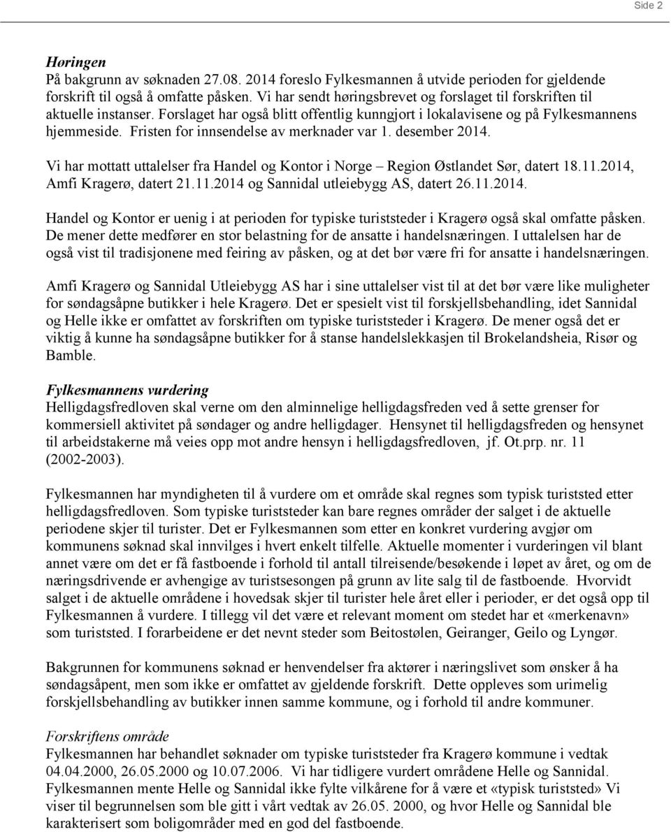 Fristen for innsendelse av merknader var 1. desember 2014. Vi har mottatt uttalelser fra Handel og Kontor i Norge Region Østlandet Sør, datert 18.11.2014, Amfi Kragerø, datert 21.11.2014 og Sannidal utleiebygg AS, datert 26.