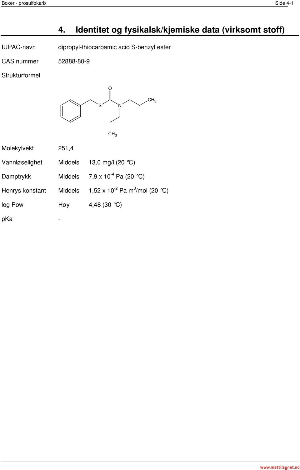 S-benzyl ester CAS nummer 52888-80-9 Strukturformel O S N CH 3 CH 3 Molekylvekt 251,4