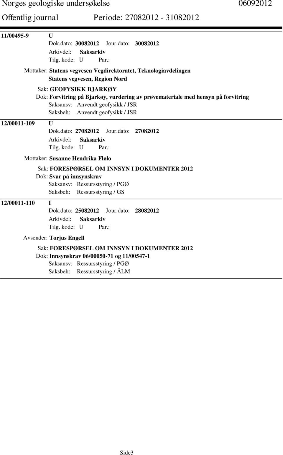 prøvemateriale med hensyn på forvitring Saksansv: Anvendt geofysikk / JSR Saksbeh: Anvendt geofysikk / JSR 12/00011-109 U Dok.dato: 27082012 Jour.