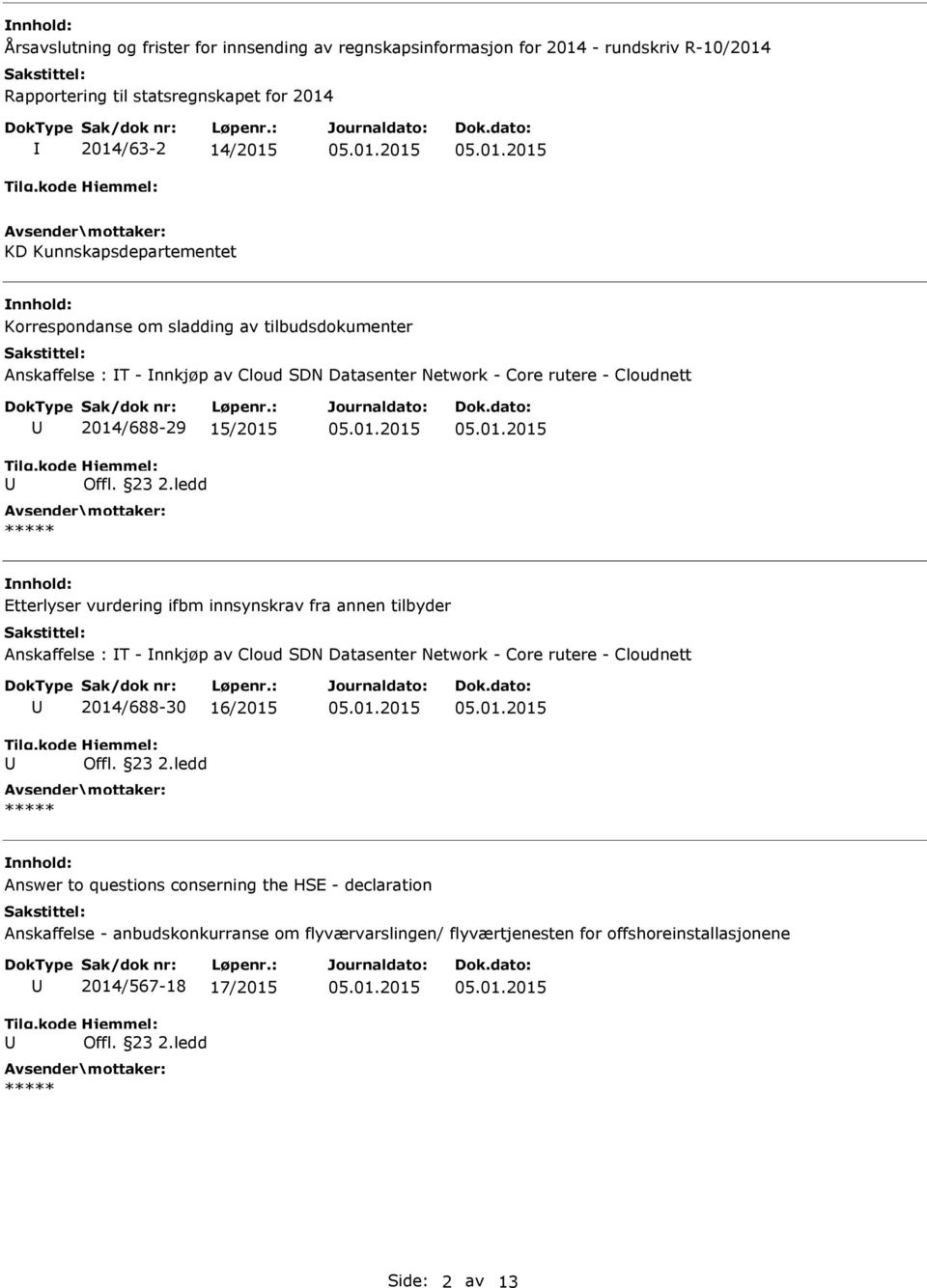 15/2015 Etterlyser vurdering ifbm innsynskrav fra annen tilbyder Anskaffelse : T - nnkjøp av Cloud SDN Datasenter Network - Core rutere - Cloudnett 2014/688-30 16/2015