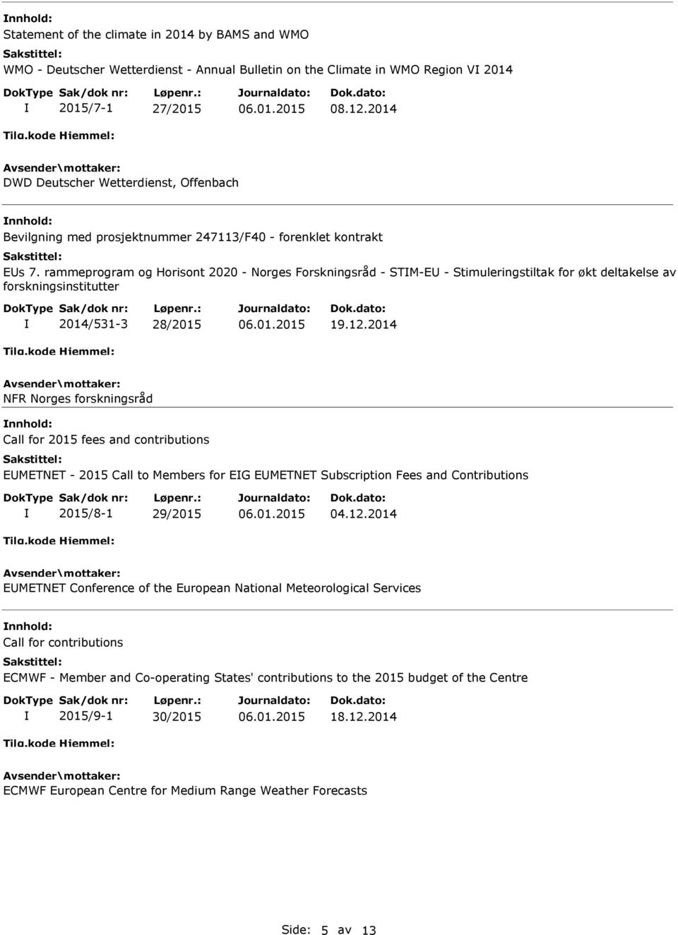 rammeprogram og Horisont 2020 - Norges Forskningsråd - STM-E - Stimuleringstiltak for økt deltakelse av forskningsinstitutter 2014/531-3 28/2015 19.12.