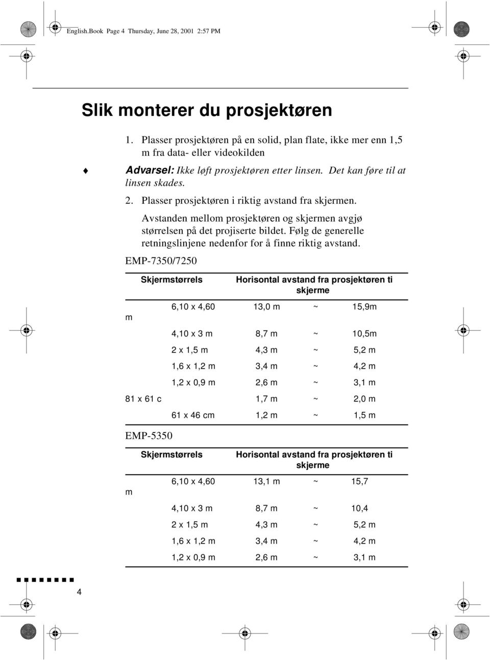 Plasser prosjektøren i riktig avstand fra skjermen. Avstanden mellom prosjektøren og skjermen avgjø størrelsen på det projiserte bildet.