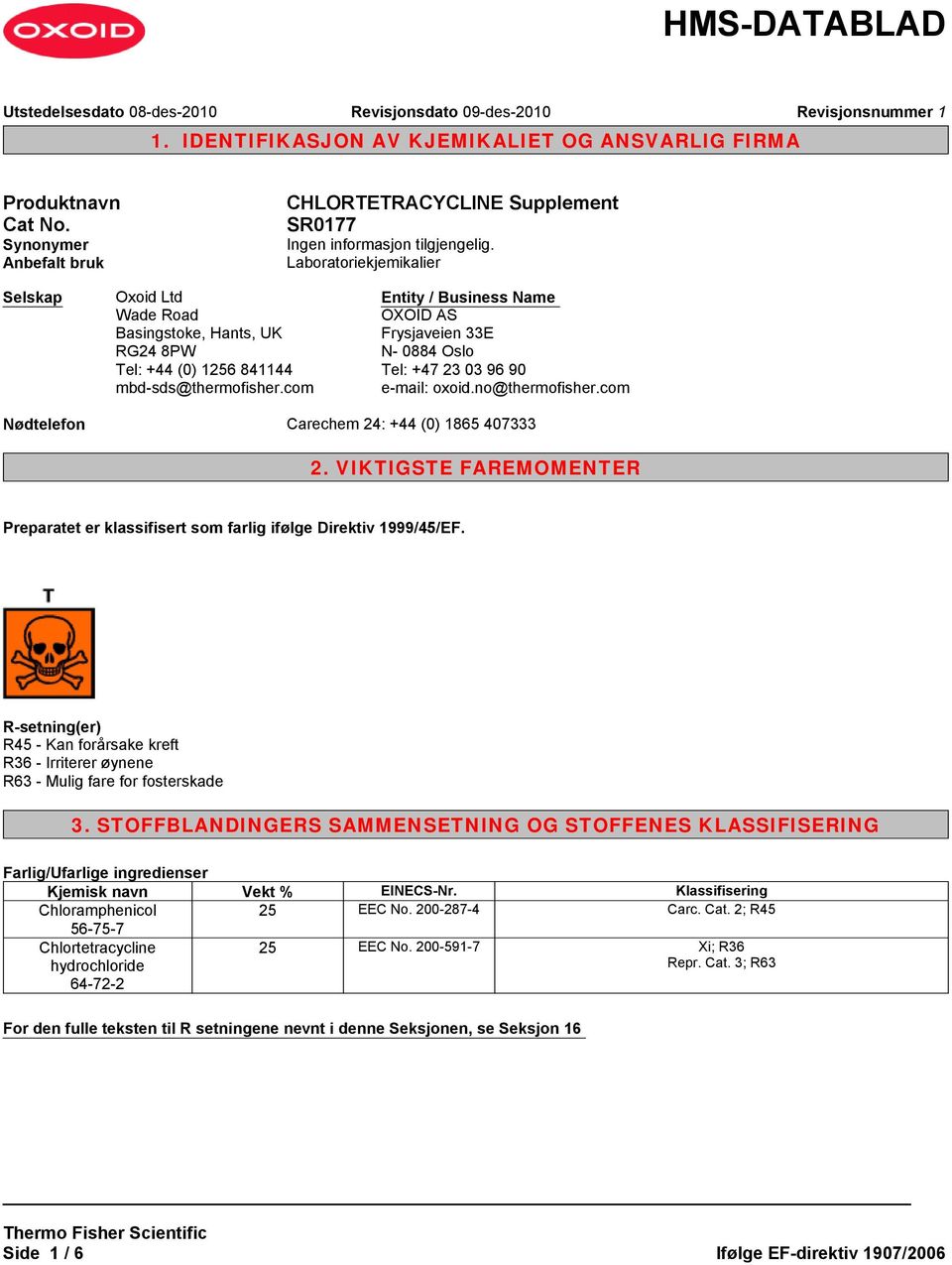 com Entity / Business Name OXOID AS Frysjaveien 33E N- 0884 Oslo Tel: +47 23 03 96 90 e-mail: oxoid.no@thermofisher.com Nødtelefon Carechem 24: +44 (0) 1865 407333 2.