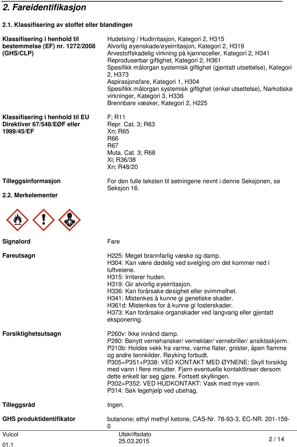 øyenskade/øyeirritasjon, Kategori 2, H319 Arvestoffskadelig virkning på kjønnsceller, Kategori 2, H341 Reproduserbar giftighet, Kategori 2, H361 Spesifikk målorgan systemisk giftighet (gjentatt