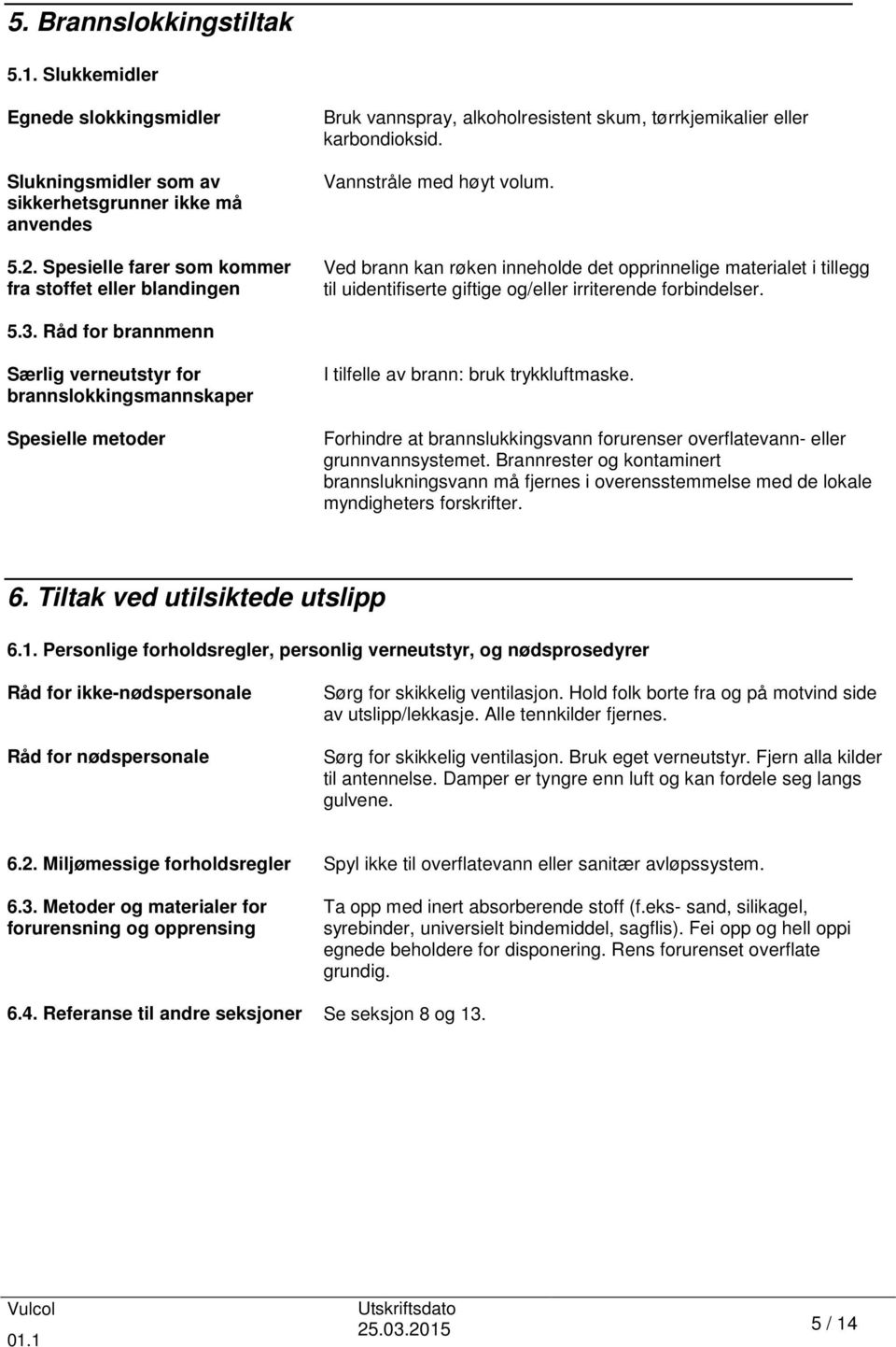 Ved brann kan røken inneholde det opprinnelige materialet i tillegg til uidentifiserte giftige og/eller irriterende forbindelser. 5.3.