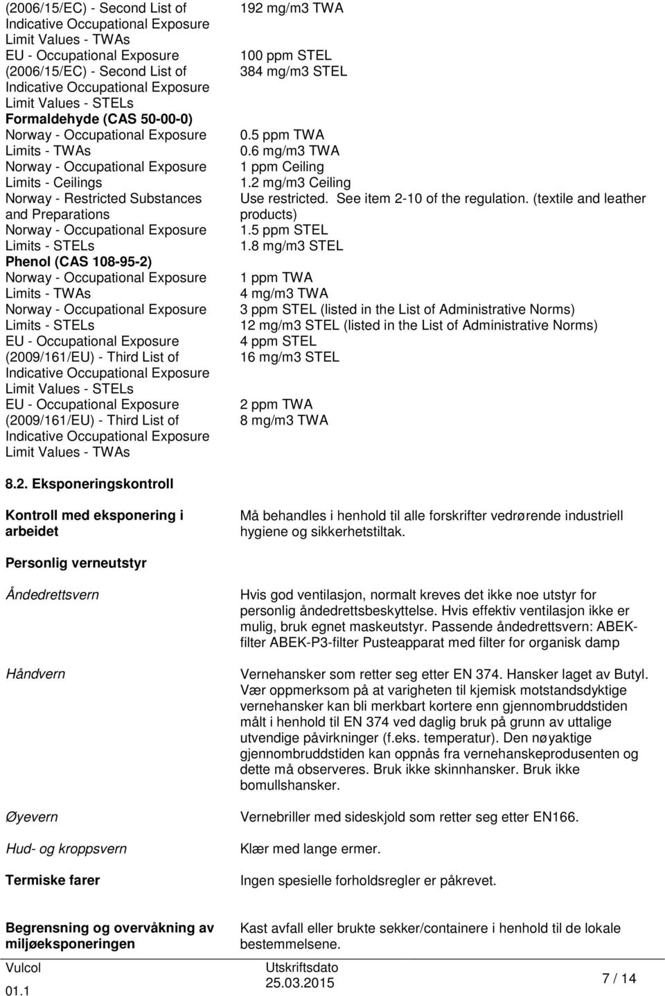 (2009/161/EU) - Third List of Indicative Occupational Exposure Limit Values - STELs EU - Occupational Exposure (2009/161/EU) - Third List of Indicative Occupational Exposure Limit Values - TWAs 192