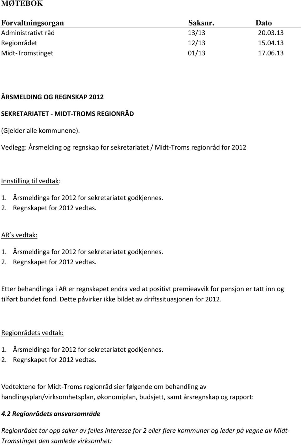 Vedlegg: Årsmelding og regnskap for sekretariatet / Midt-Troms regionråd for 2012 Innstilling til vedtak: 1. Årsmeldinga for 2012 for sekretariatet godkjennes. 2. Regnskapet for 2012 vedtas.