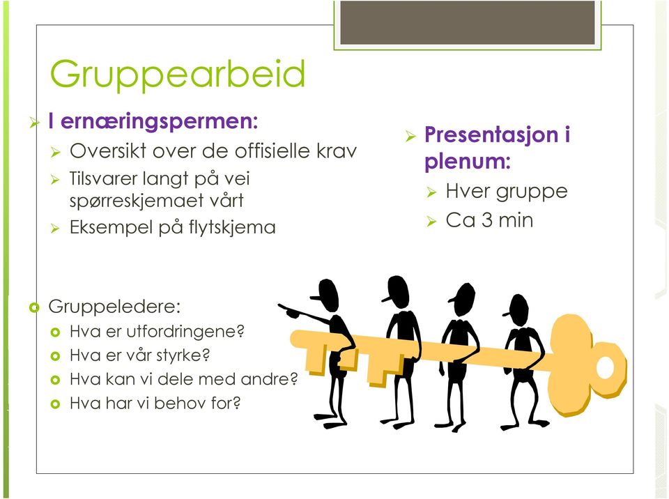 Presentasjon i plenum: Hver gruppe Ca 3 min Gruppeledere: Hva er