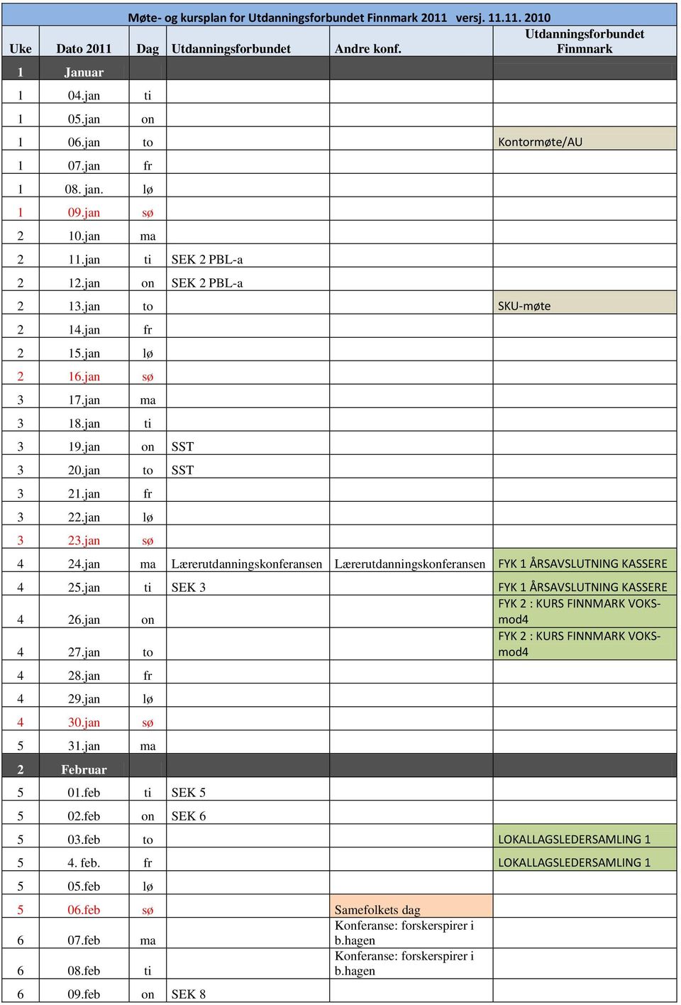 jan ti 3 19.jan on SST 3 20.jan to SST 3 21.jan fr 3 22.jan lø 3 23.jan sø 4 24.jan ma Lærerutdanningskonferansen Lærerutdanningskonferansen FYK 1 ÅRSAVSLUTNING KASSERE 4 25.