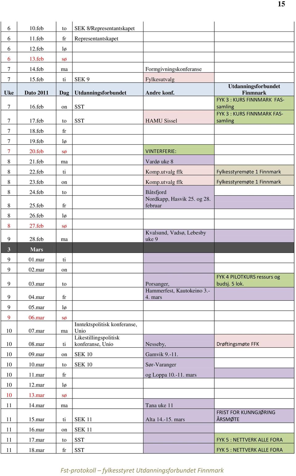 feb ma Vardø uke 8 Utdanningsforbundet Finmnark FYK 3 : KURS FINNMARK FASsamling FYK 3 : KURS FINNMARK FASsamling 8 22.feb ti Komp.utvalg ffk Fylkesstyremøte 1 Finnmark 8 23.feb on Komp.