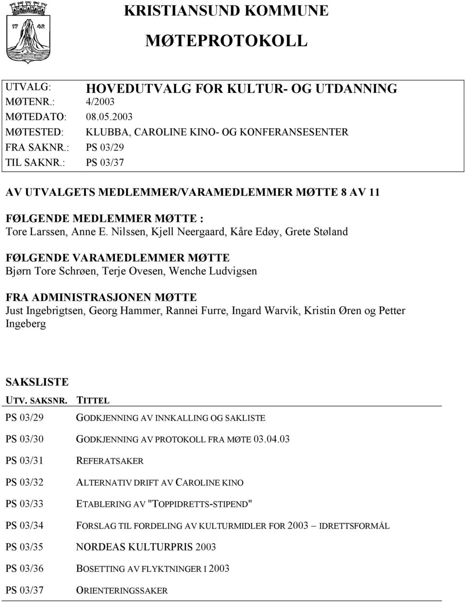 Nilssen, Kjell Neergaard, Kåre Edøy, Grete Støland FØLGENDE VARAMEDLEMMER MØTTE Bjørn Tore Schrøen, Terje Ovesen, Wenche Ludvigsen FRA ADMINISTRASJONEN MØTTE Just Ingebrigtsen, Georg Hammer, Rannei