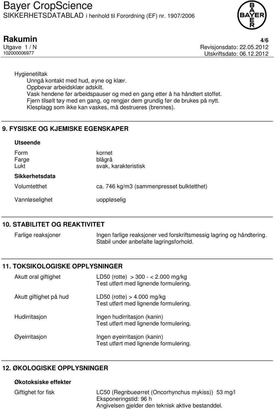 FYSISKE OG KJEMISKE EGENSKAPER Utseende Form Farge Lukt Sikkerhetsdata Volumtetthet Vannløselighet kornet blågrå svak, karakteristisk ca. 746 kg/m3 (sammenpresset bulktetthet) uoppløselig 10.