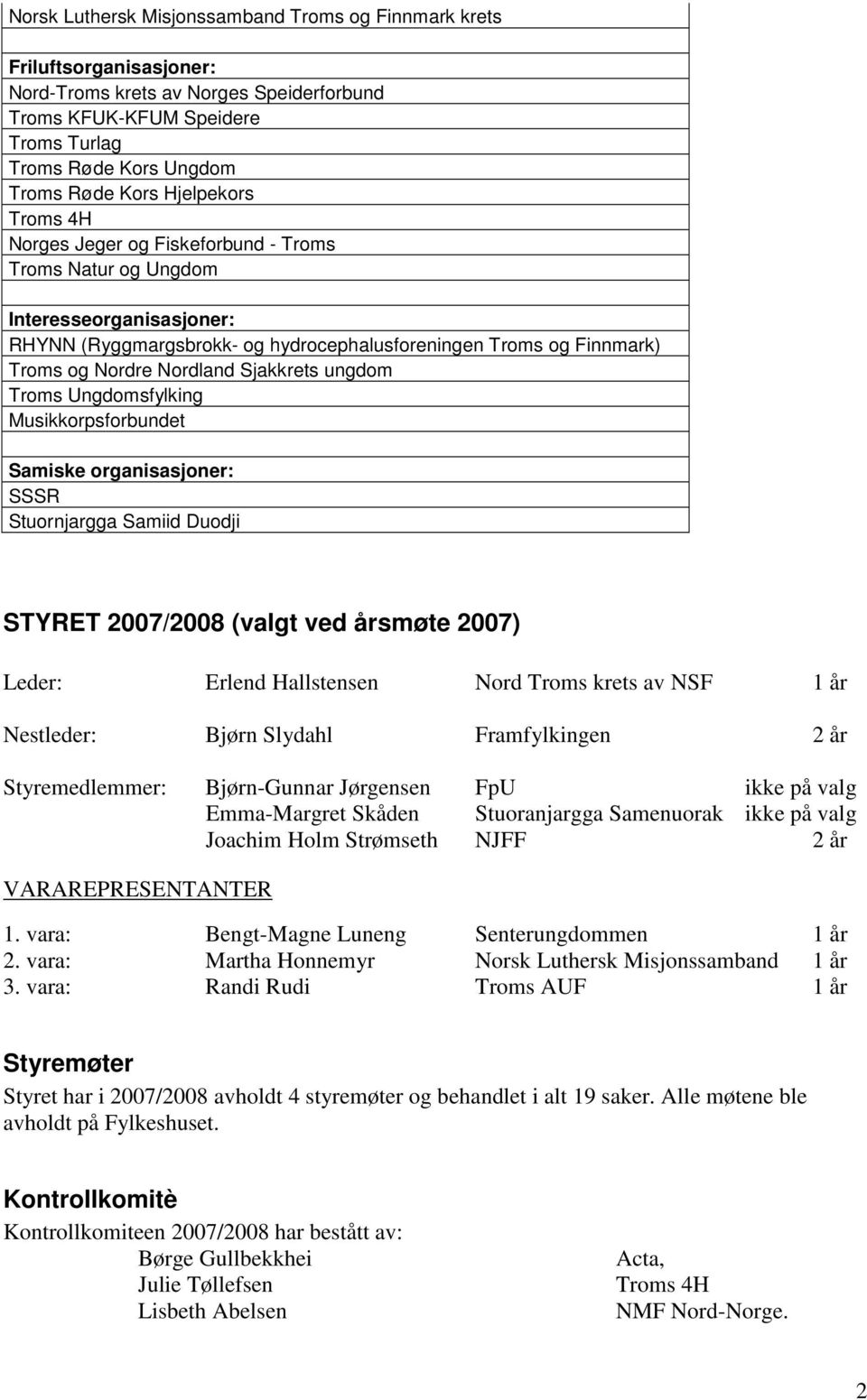 Sjakkrets ungdom Troms Ungdomsfylking Musikkorpsforbundet Samiske organisasjoner: SSSR Stuornjargga Samiid Duodji STYRET 2007/2008 (valgt ved årsmøte 2007) Leder: Erlend Hallstensen Nord Troms krets