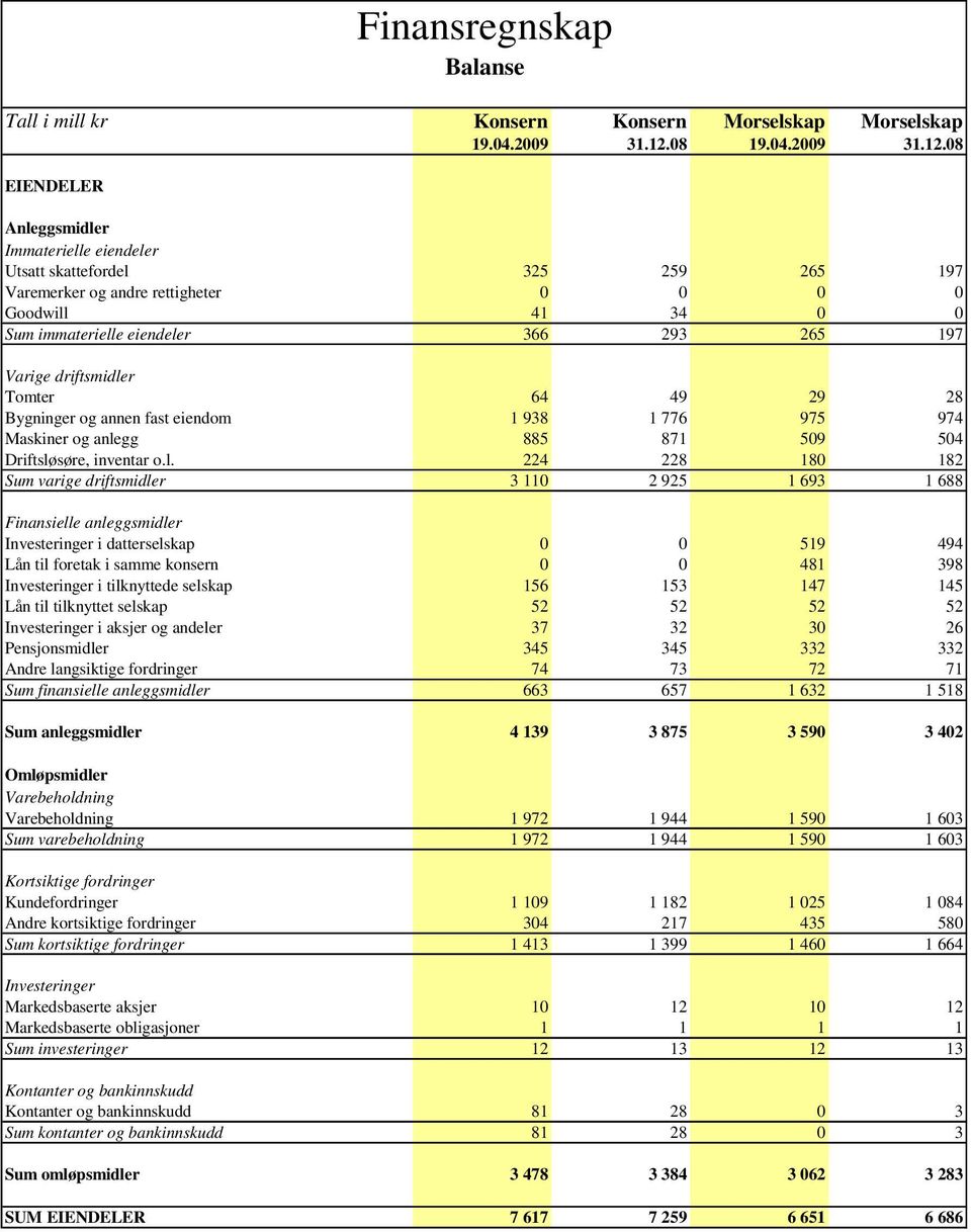 08 EIENDELER Finansregnskap Balanse Anleggsmidler Immaterielle eiendeler Utsatt skattefordel 325 259 265 197 Varemerker og andre rettigheter 0 0 0 0 Goodwill 41 34 0 0 Sum immaterielle eiendeler 366