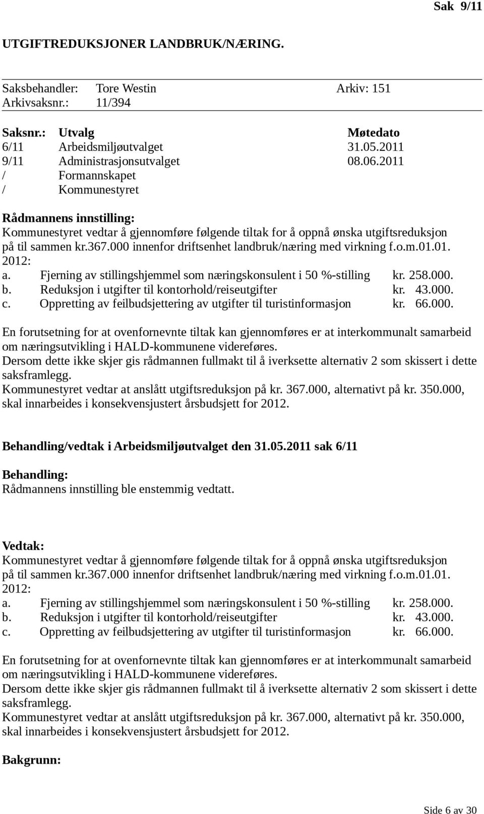 000 innenfor driftsenhet landbruk/næring med virkning f.o.m.01.01. 2012: a. Fjerning av stillingshjemmel som næringskonsulent i 50 %-stilling kr. 258.000. b.