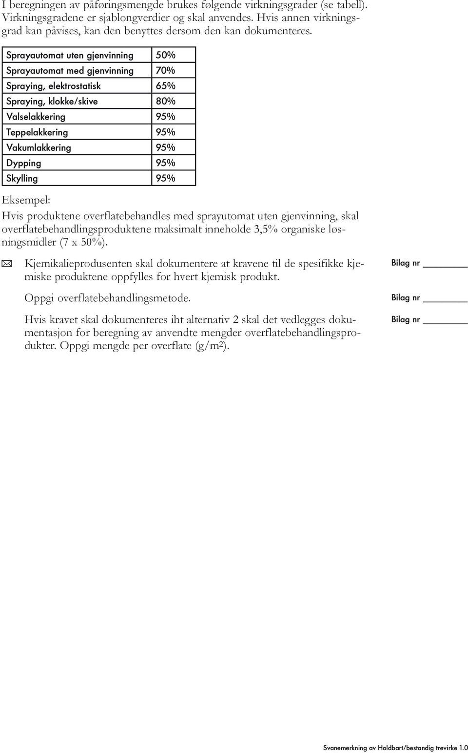 Sprayautomat uten gjenvinning 50% Sprayautomat med gjenvinning 70% Spraying, elektrostatisk 65% Spraying, klokke/skive 80% Valselakkering 95% Teppelakkering 95% Vakumlakkering 95% Dypping 95%