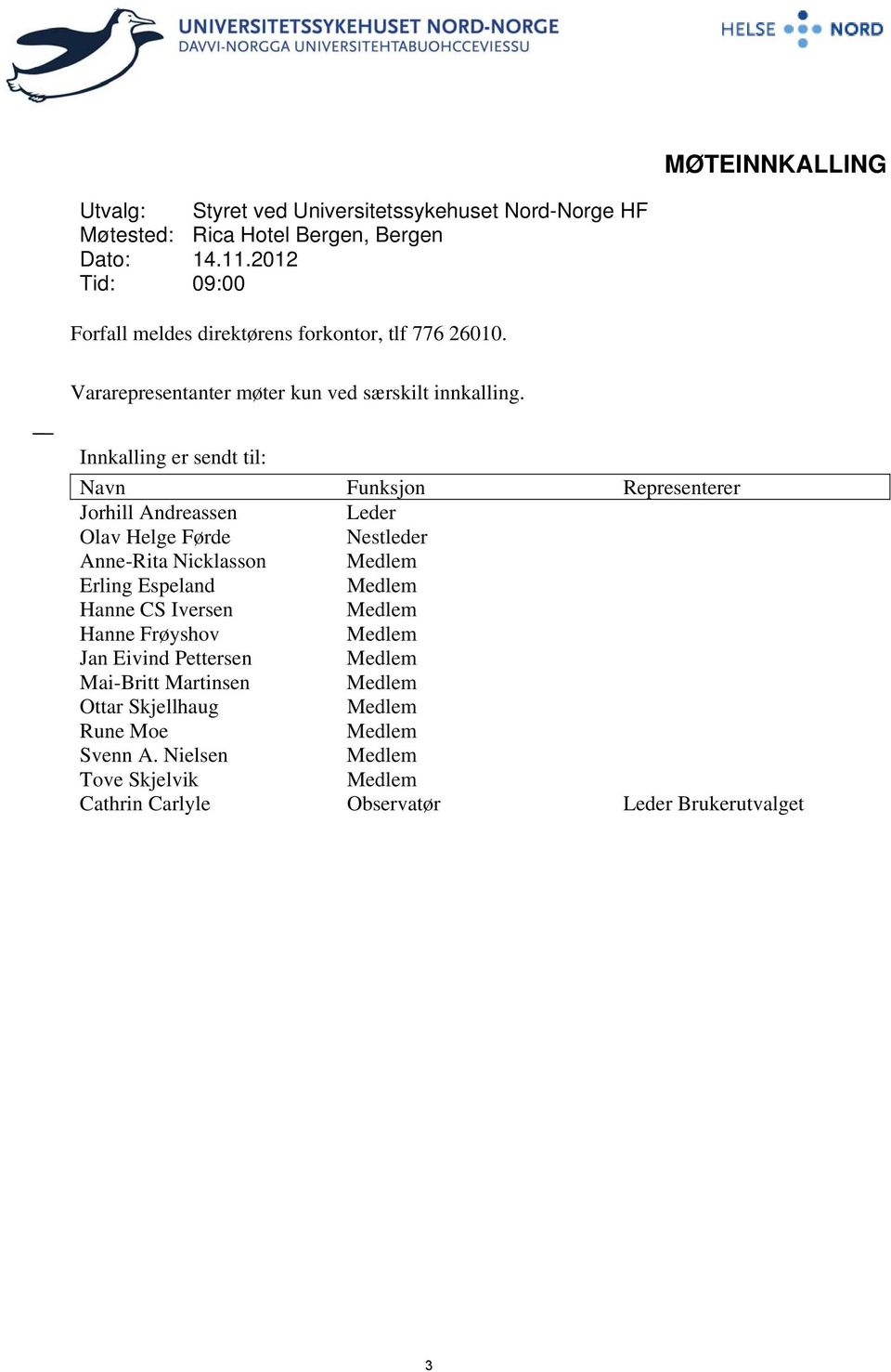 Innkalling er sendt til: Navn Funksjon Representerer Jorhill Andreassen Leder Olav Helge Førde Nestleder Anne-Rita Nicklasson Medlem Erling Espeland Medlem