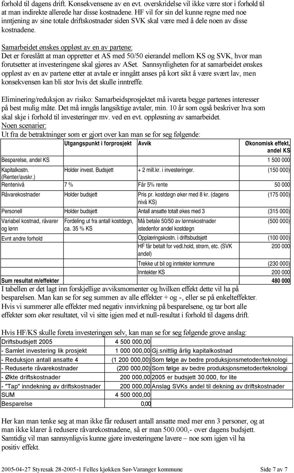 Samarbeidet ønskes oppløst av en av partene: Det er foreslått at man oppretter et AS med 50/50 eierandel mellom KS og SVK, hvor man forutsetter at investeringene skal gjøres av ASet.