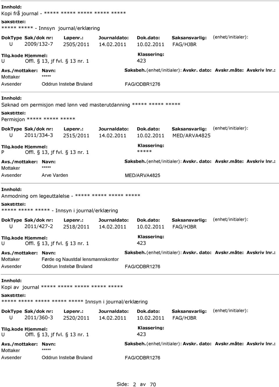 1 ***** Arve Varden MED/ARVA4825 Anmodning om legeuttalelse - ***** ***** ***** ***** ***** ***** ***** - nnsyn i journal/erklæring 2011/427-2 2518/2011 FAG/HJBR Offl. 13, jf fvl. 13 nr.