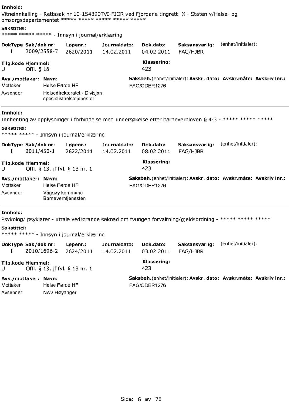 18 423 FAG/ODBR1276 Helsedirektoratet - Divisjon spesialisthelsetjenester nnhenting av opplysninger i forbindelse med undersøkelse etter barnevernloven 4-3 - ***** ***** ***** ***** ***** - nnsyn i