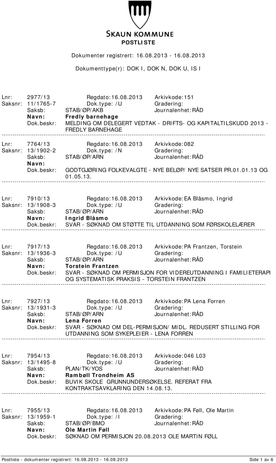 2013 Arkivkode:082 Saksnr: 13/1902-2 Dok.type: /N Gradering: GODTGJØRING FOLKEVALGTE - NYE BELØP/ NYE SATSER PR.01.01.13 OG 01.05.13. Lnr: 7910/13 Regdato:16.08.2013 Arkivkode:EA Blåsmo, Ingrid Saksnr: 13/1908-3 Dok.