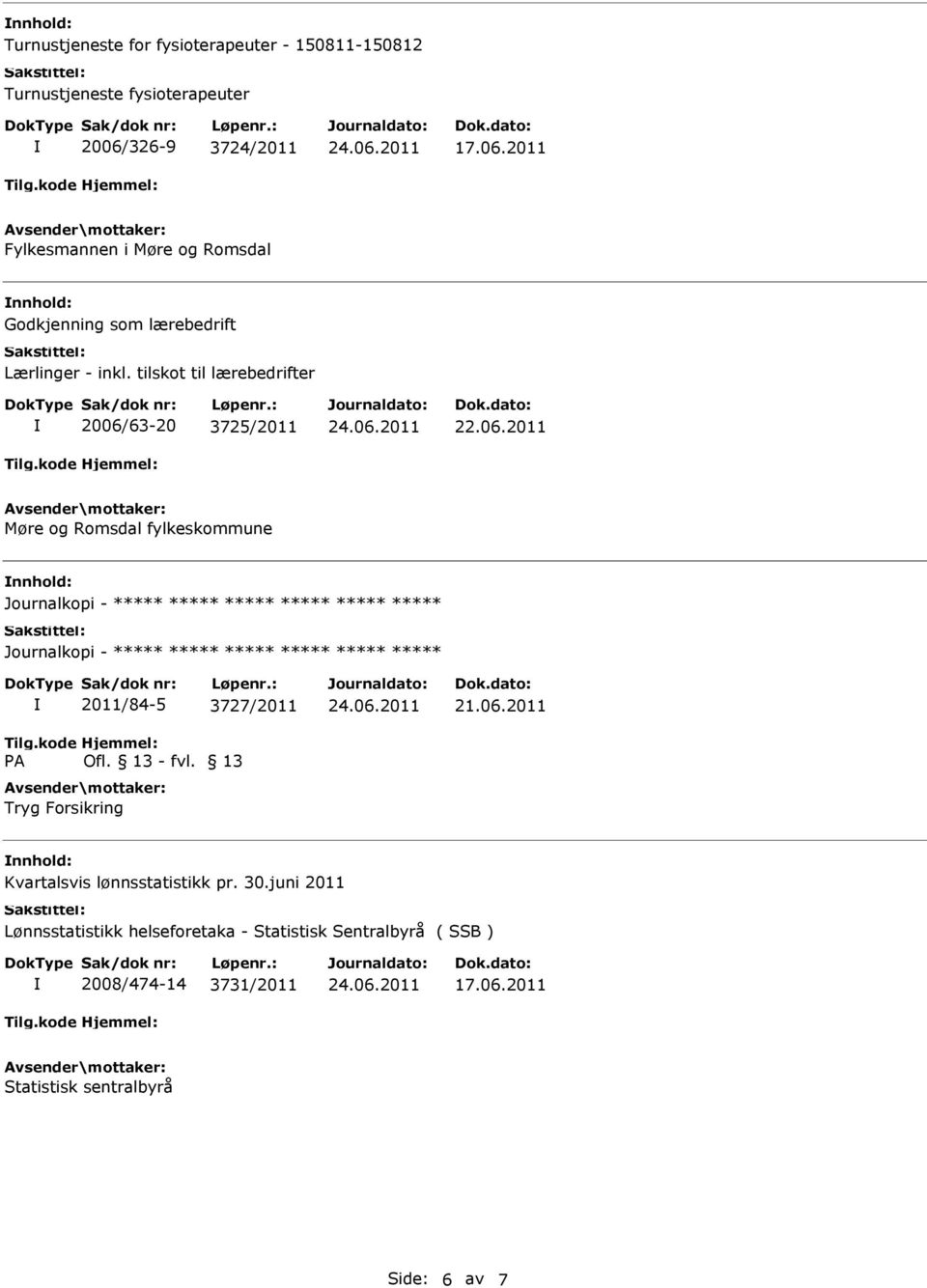 tilskot til lærebedrifter 2006/63-20 3725/2011 22.06.2011 Møre og Romsdal fylkeskommune 2011/84-5 3727/2011 Tryg Forsikring 21.