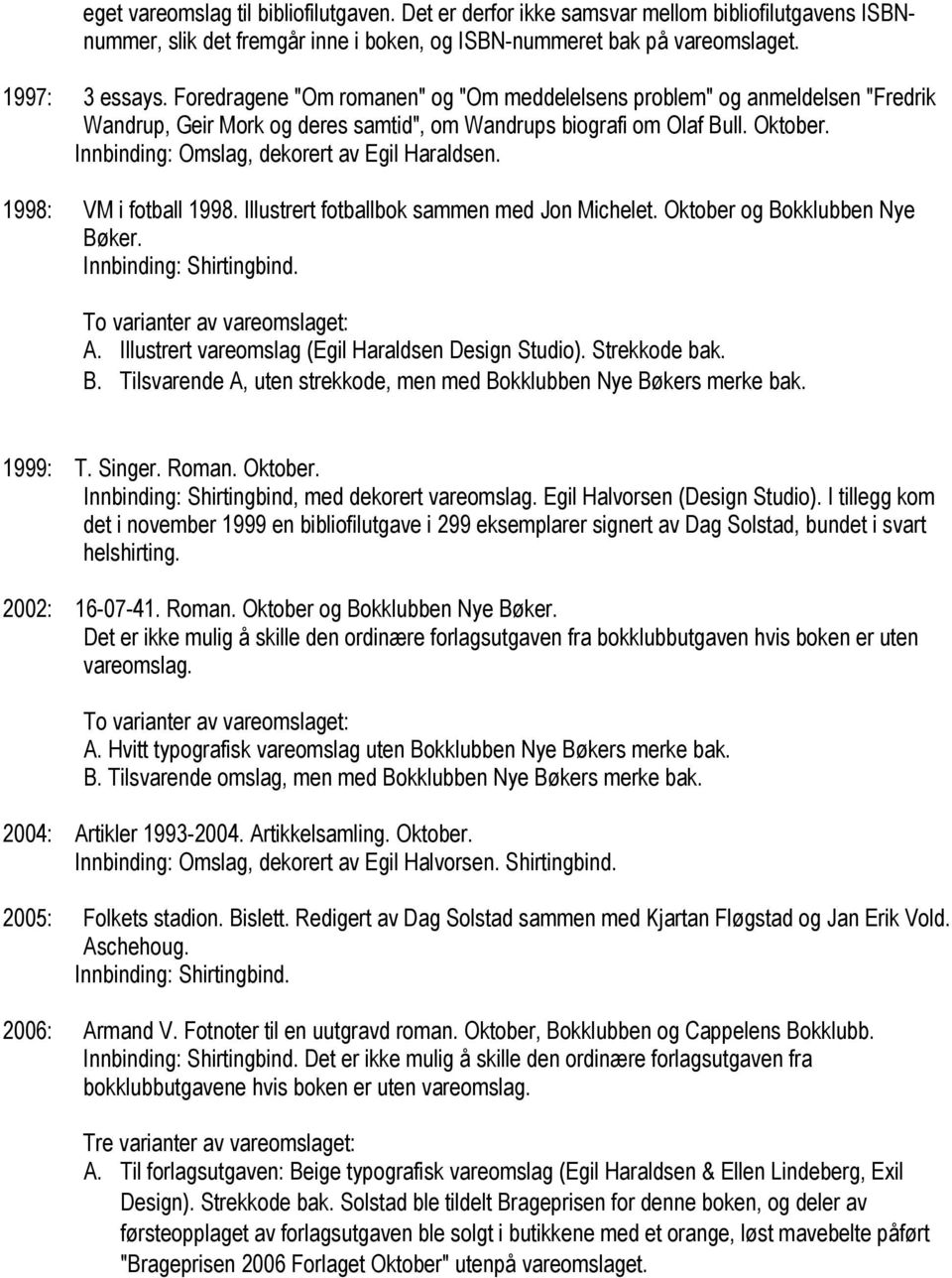 Innbinding: Omslag, dekorert av Egil Haraldsen. 1998: VM i fotball 1998. Illustrert fotballbok sammen med Jon Michelet. Oktober og Bokklubben Nye Bøker. A.