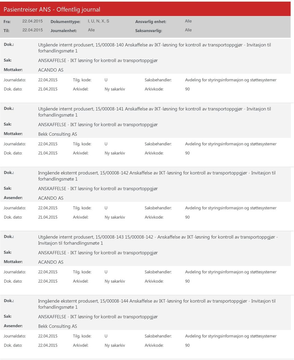 Invitasjon til tgående internt produsert, 15/00008-143 15/00008-142 - Anskaffelse av IKT-løsning for kontroll av transportoppgjør - Invitasjon til Dok.