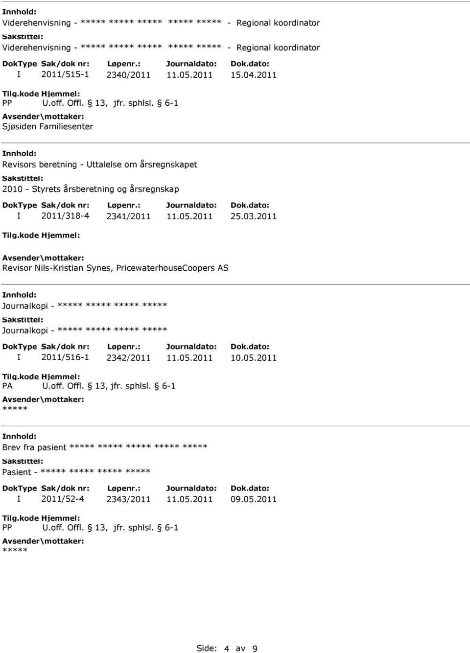 2011 Sjøsiden Familiesenter Revisors beretning - ttalelse om årsregnskapet 2010 - Styrets årsberetning og årsregnskap 2011/318-4 2341/2011 25.03.